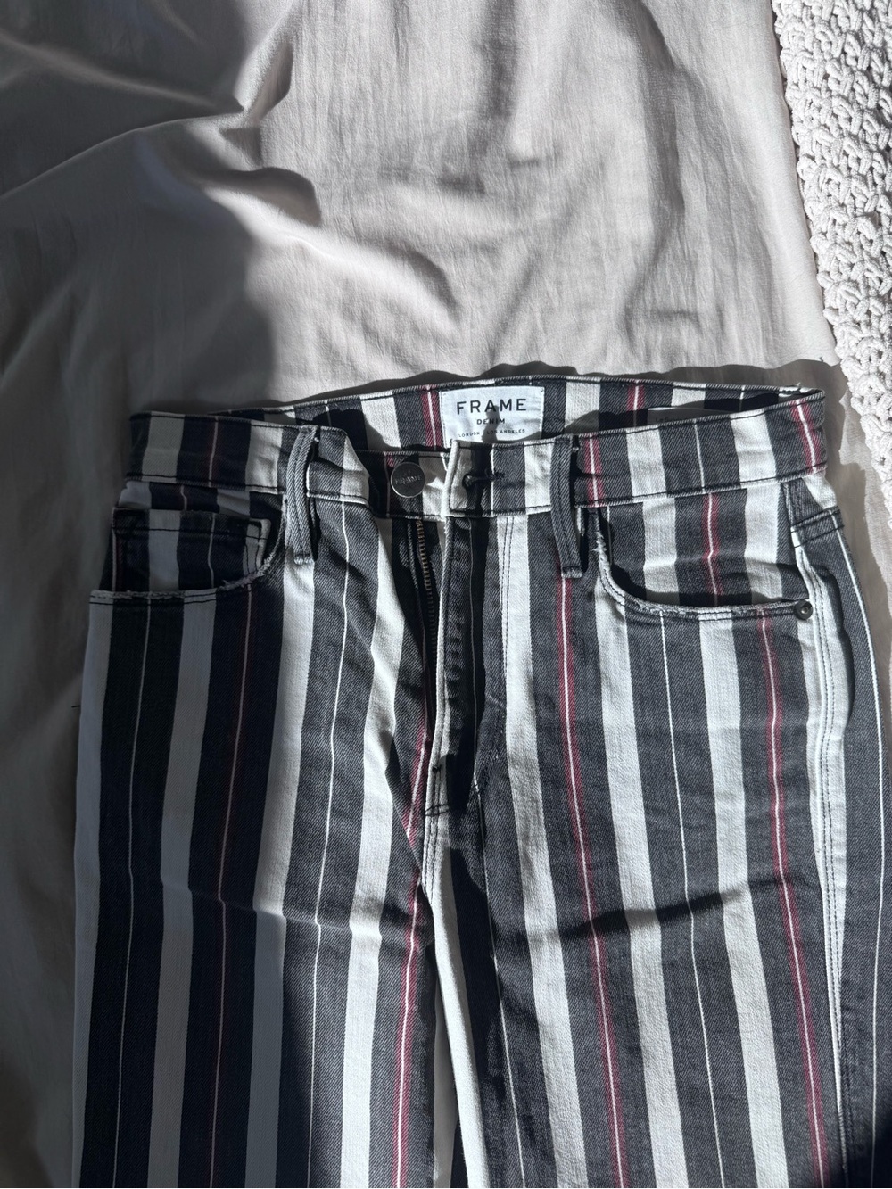 Frame Denim Women’s Black & White Striped Jeans with Red Pinstripes
